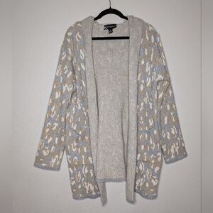 Kempson Womens Gray Leopard Cheetah Print Open Hooded Cardigan Sweater XL